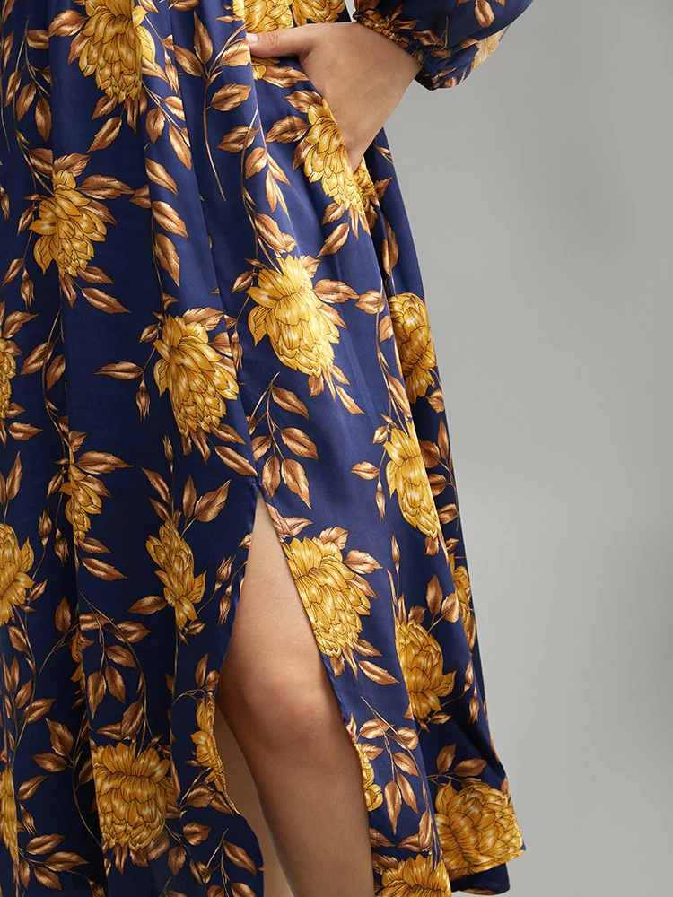 Floral Elastic Waist Wrap Split Hem Dress