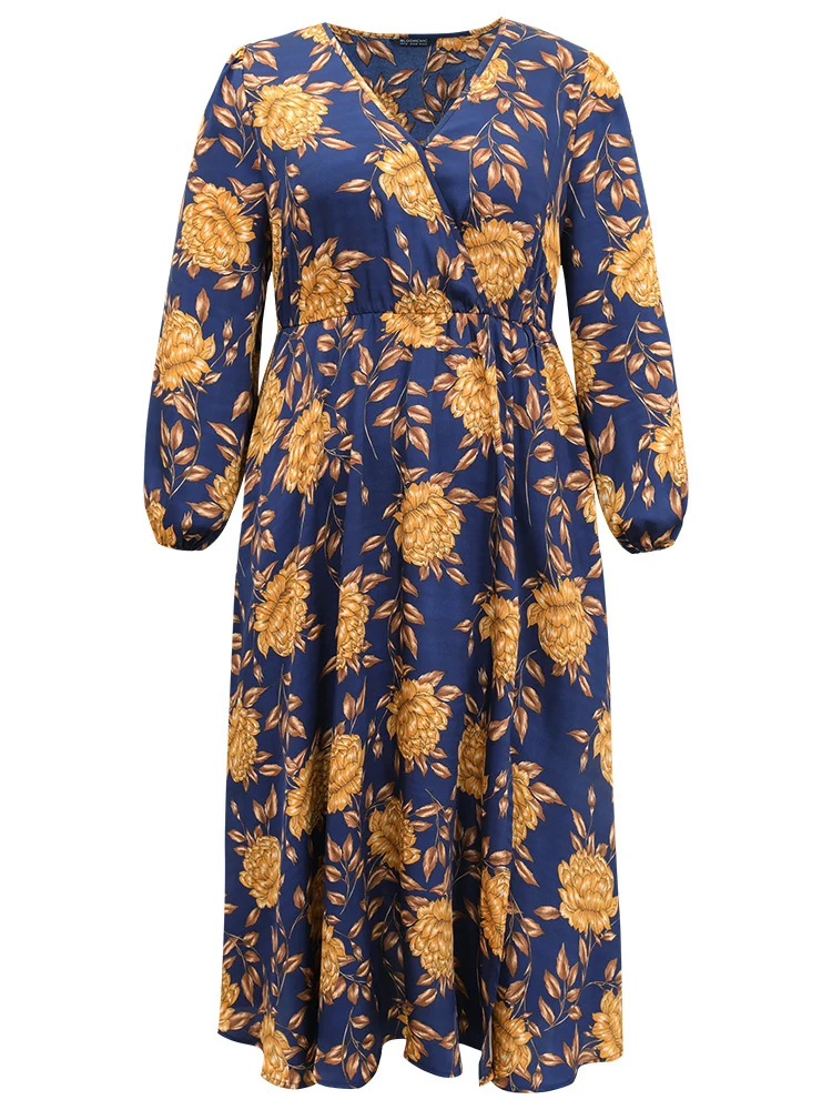 Floral Elastic Waist Wrap Split Hem Dress