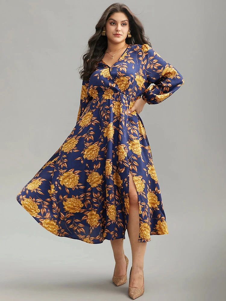 Floral Elastic Waist Wrap Split Hem Dress