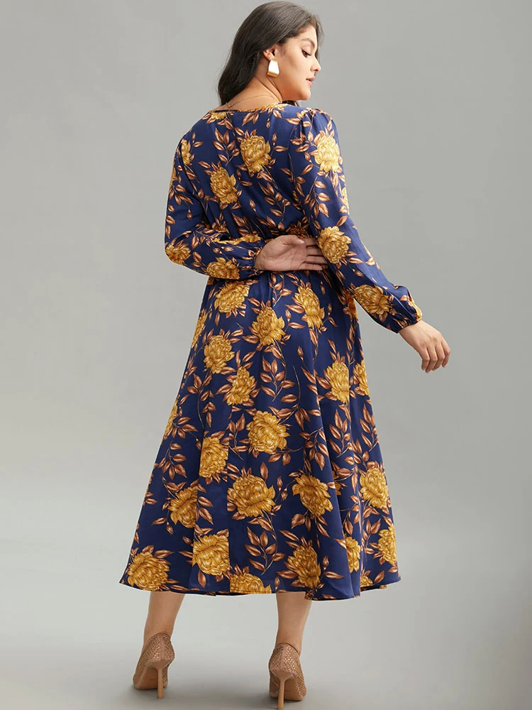 Floral Elastic Waist Wrap Split Hem Dress