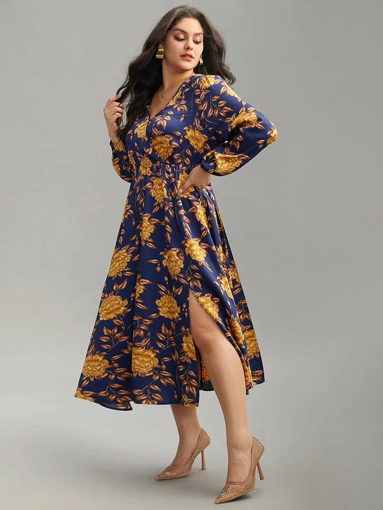 Floral Elastic Waist Wrap Split Hem Dress