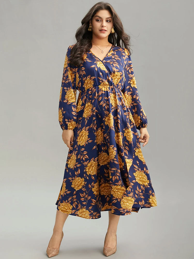 Floral Elastic Waist Wrap Split Hem Dress