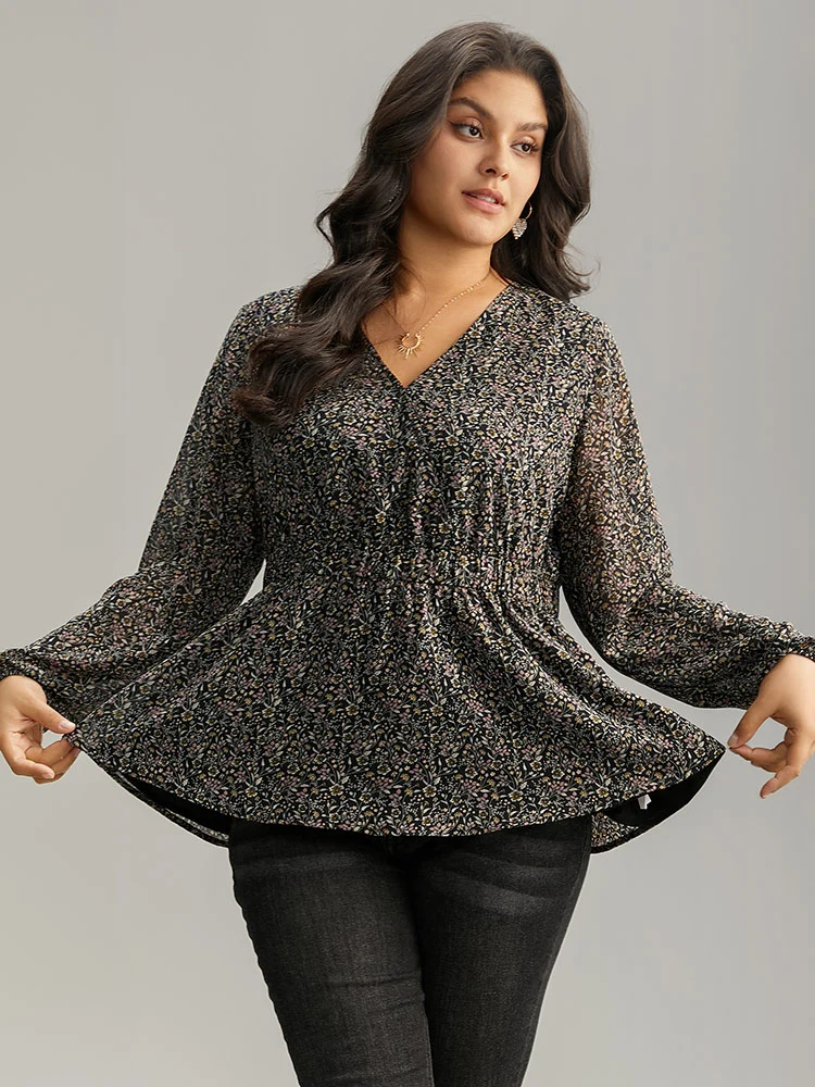 Ditsy Floral Shirred Lantern Sleeve Blouse