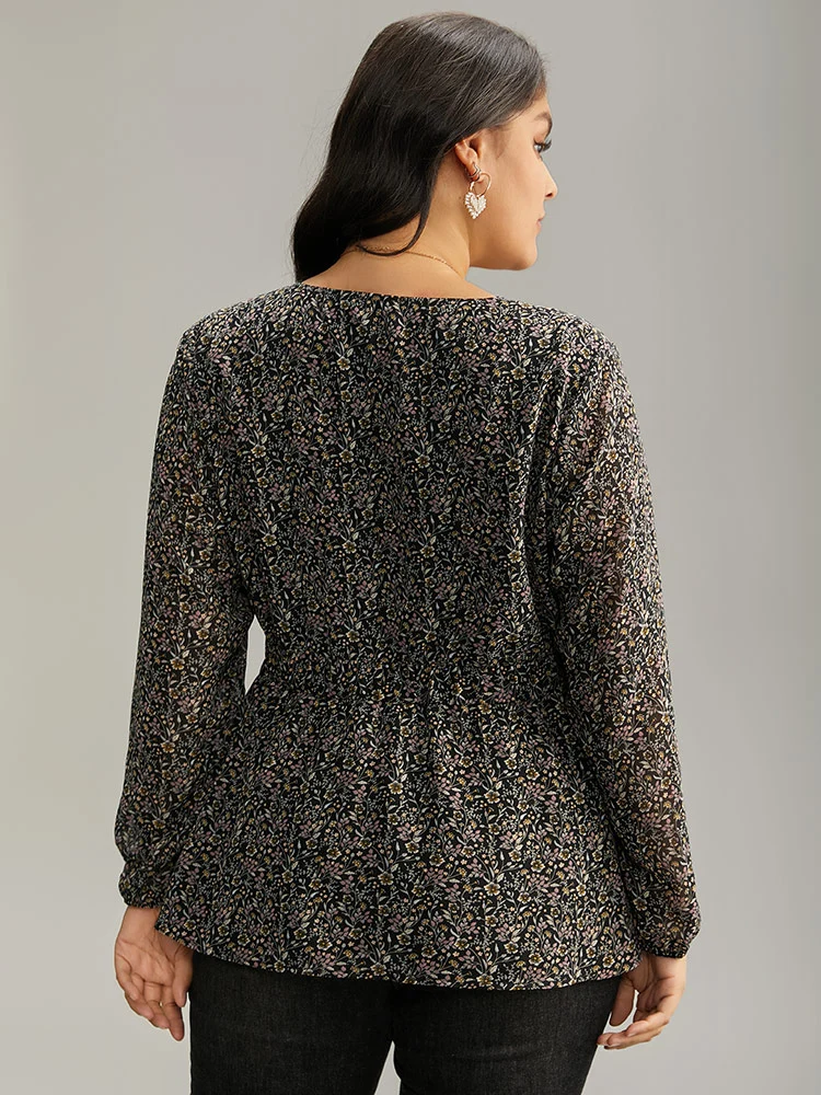 Ditsy Floral Shirred Lantern Sleeve Blouse