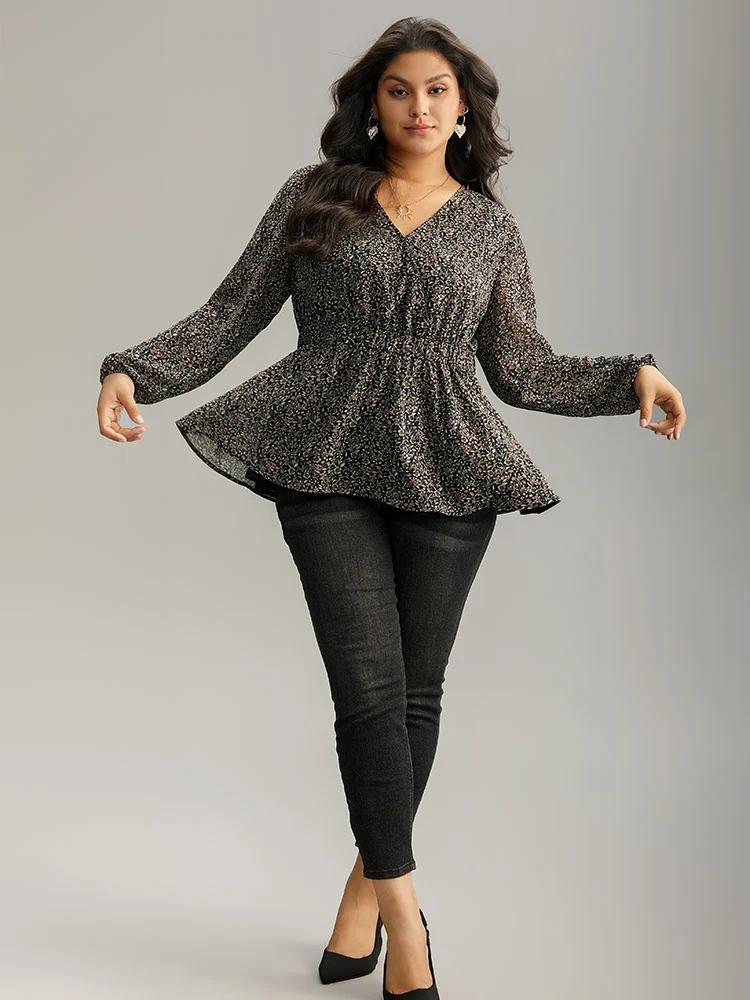 Ditsy Floral Shirred Lantern Sleeve Blouse