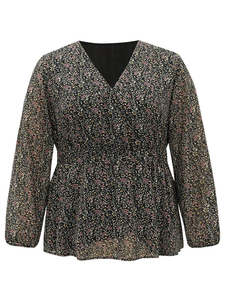 Ditsy Floral Shirred Lantern Sleeve Blouse