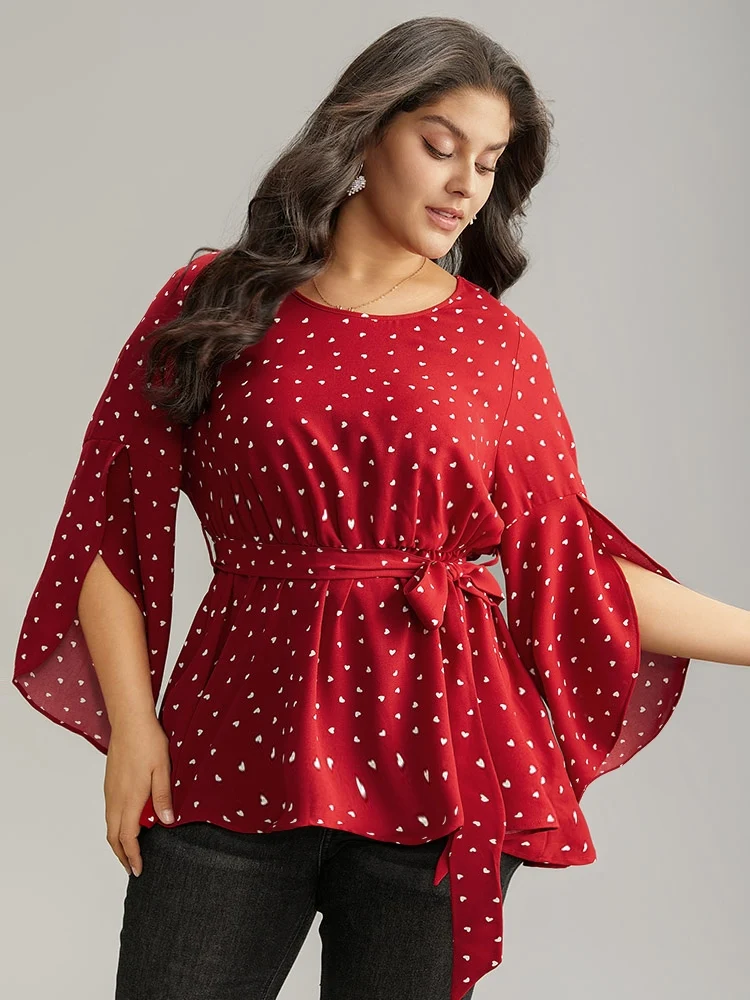 Heart Print Belted Petal Sleeve High Low Hem Blouse