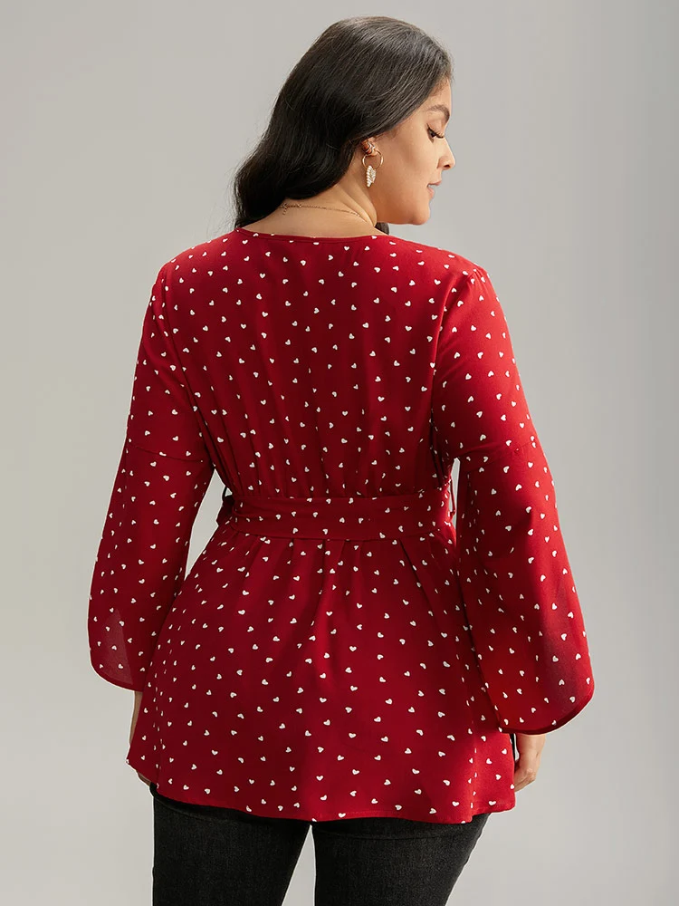 Heart Print Belted Petal Sleeve High Low Hem Blouse