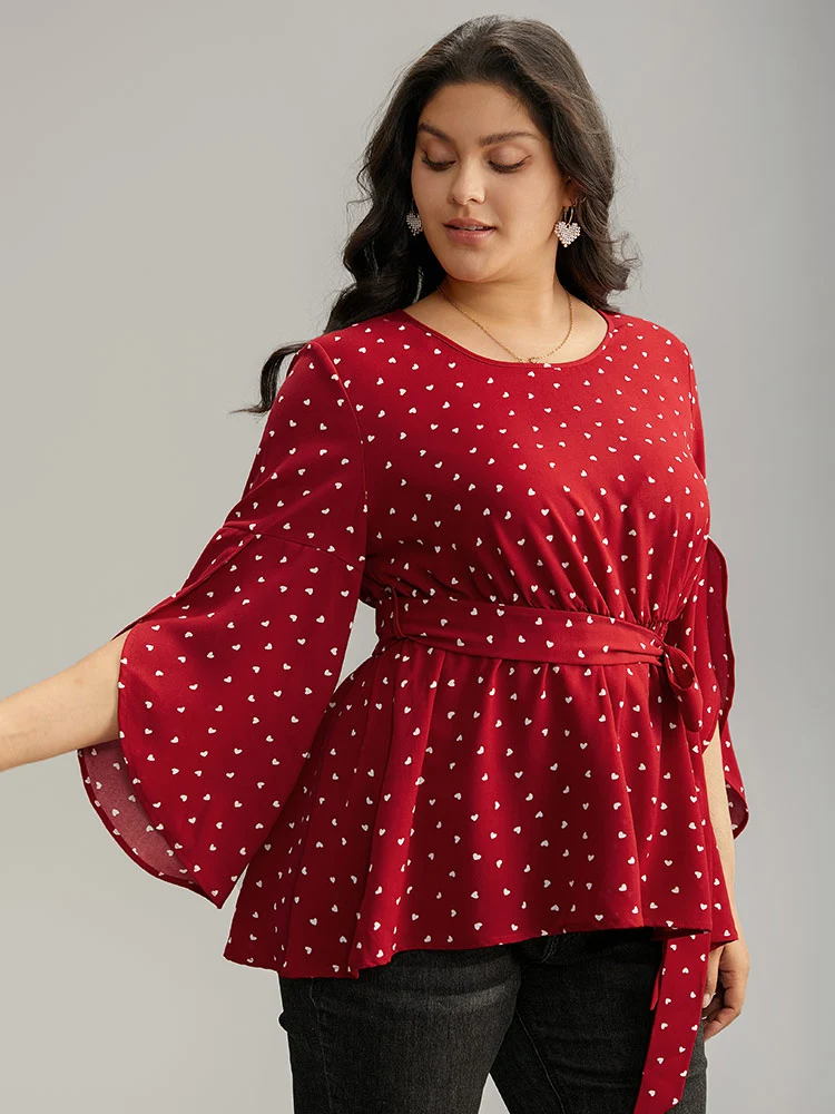 Heart Print Belted Petal Sleeve High Low Hem Blouse