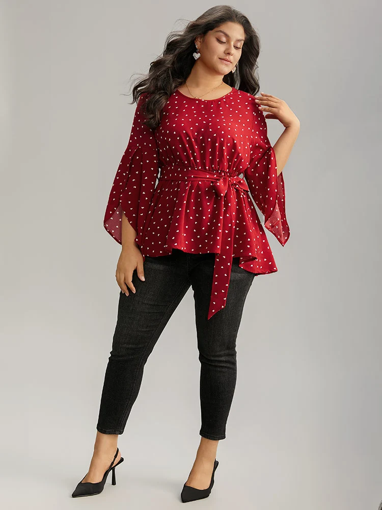Heart Print Belted Petal Sleeve High Low Hem Blouse