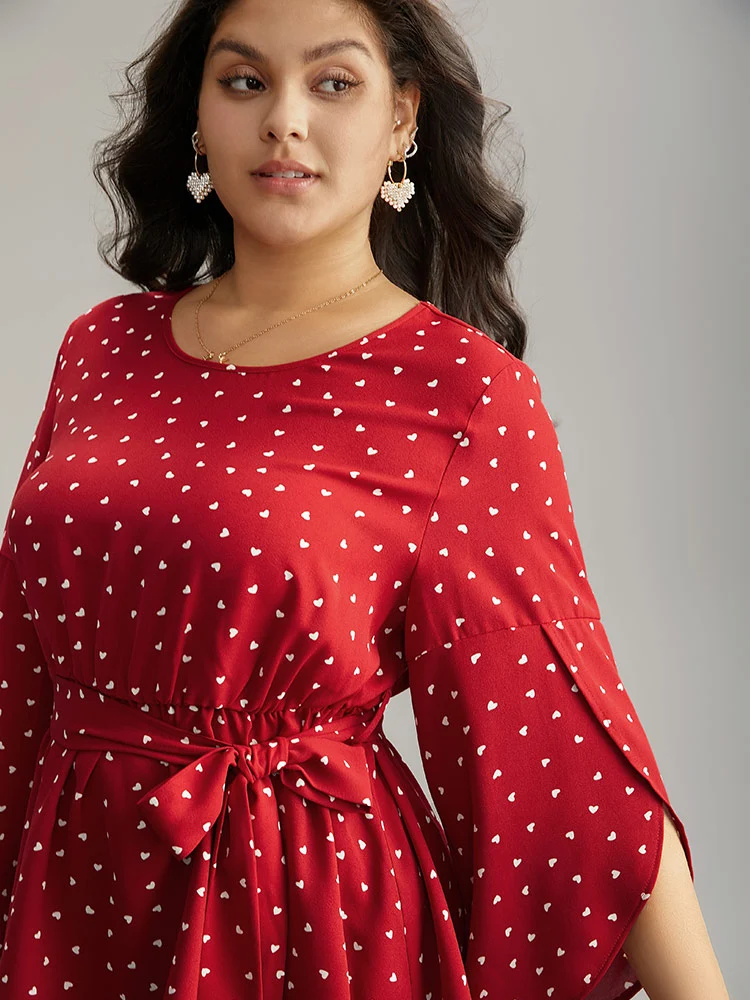 Heart Print Belted Petal Sleeve High Low Hem Blouse