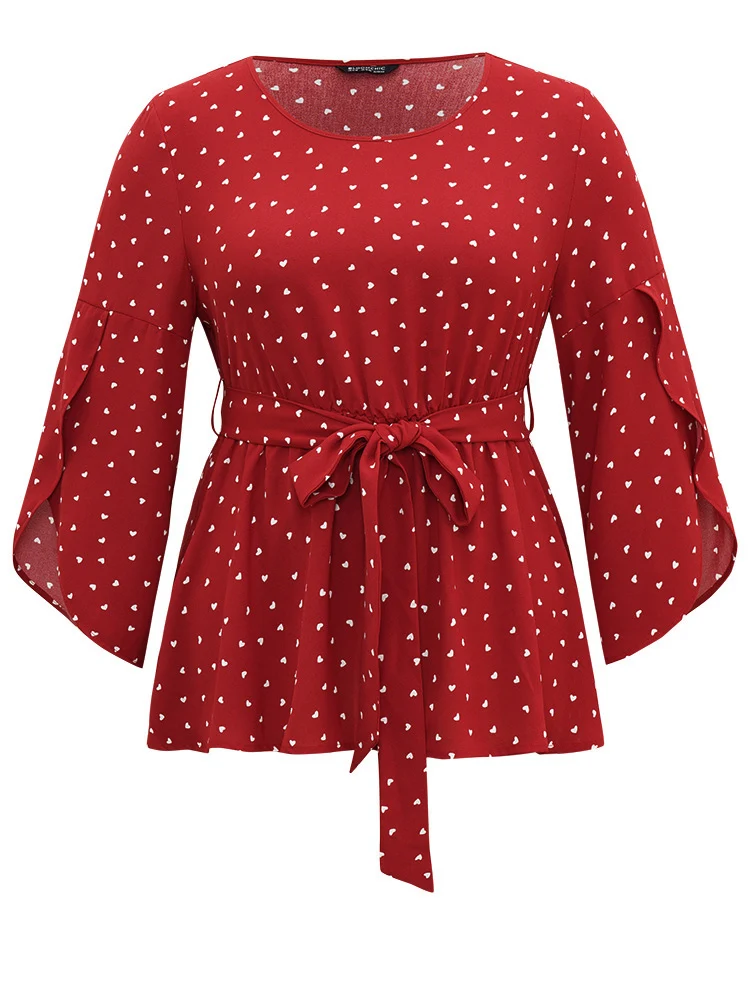 Heart Print Belted Petal Sleeve High Low Hem Blouse