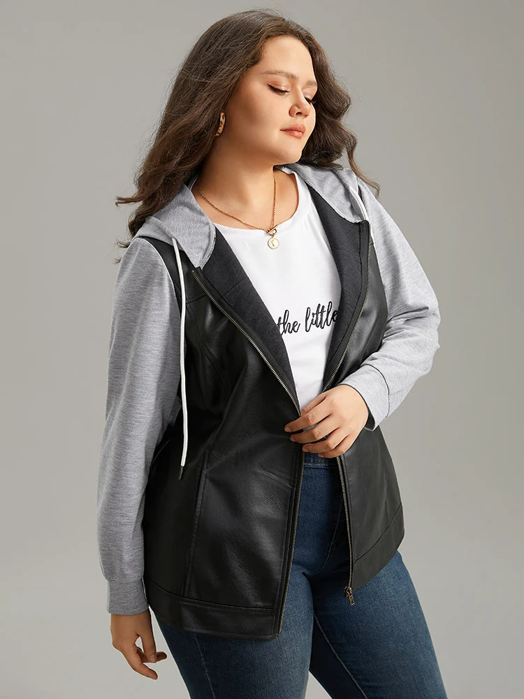 PU Leather Zipper Hooded Drawstring Jacket