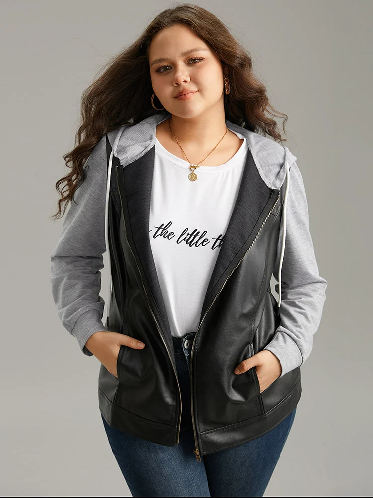 PU Leather Zipper Hooded Drawstring Jacket