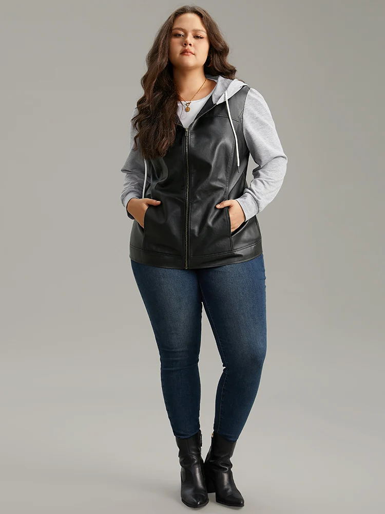 PU Leather Zipper Hooded Drawstring Jacket