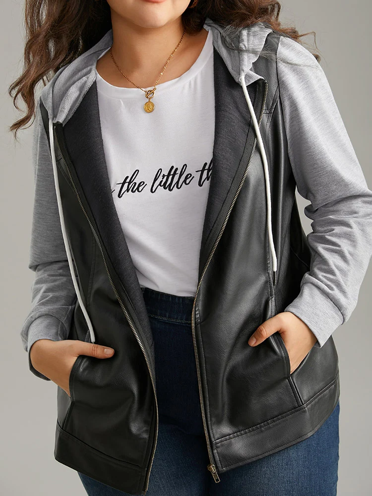 PU Leather Zipper Hooded Drawstring Jacket