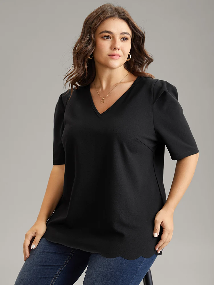 Plain Puff Sleeve Scalloped Trim Blouse