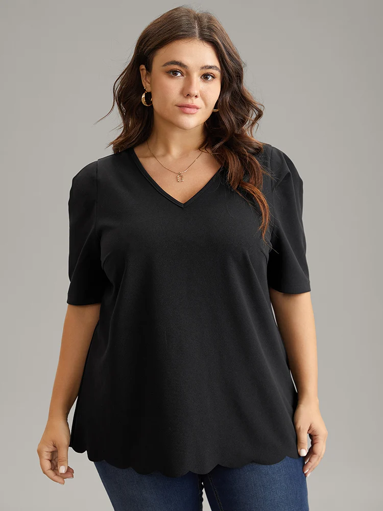 Plain Puff Sleeve Scalloped Trim Blouse