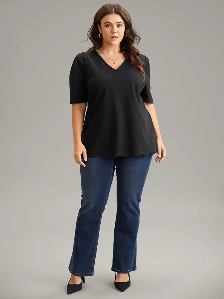 Plain Puff Sleeve Scalloped Trim Blouse