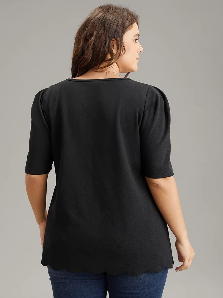 Plain Puff Sleeve Scalloped Trim Blouse