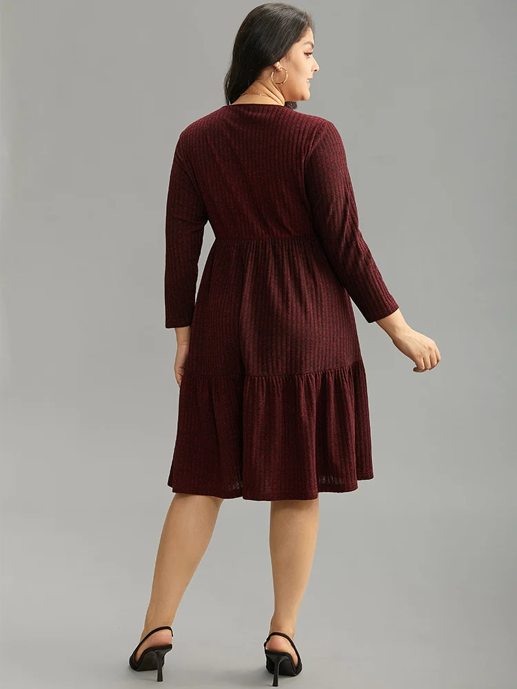 Rib Knit Round Neck Ruffle Layered Hem Dress
