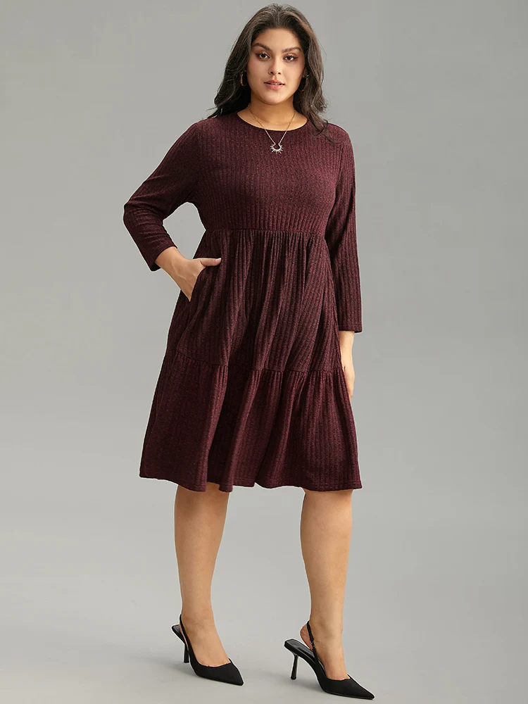 Rib Knit Round Neck Ruffle Layered Hem Dress