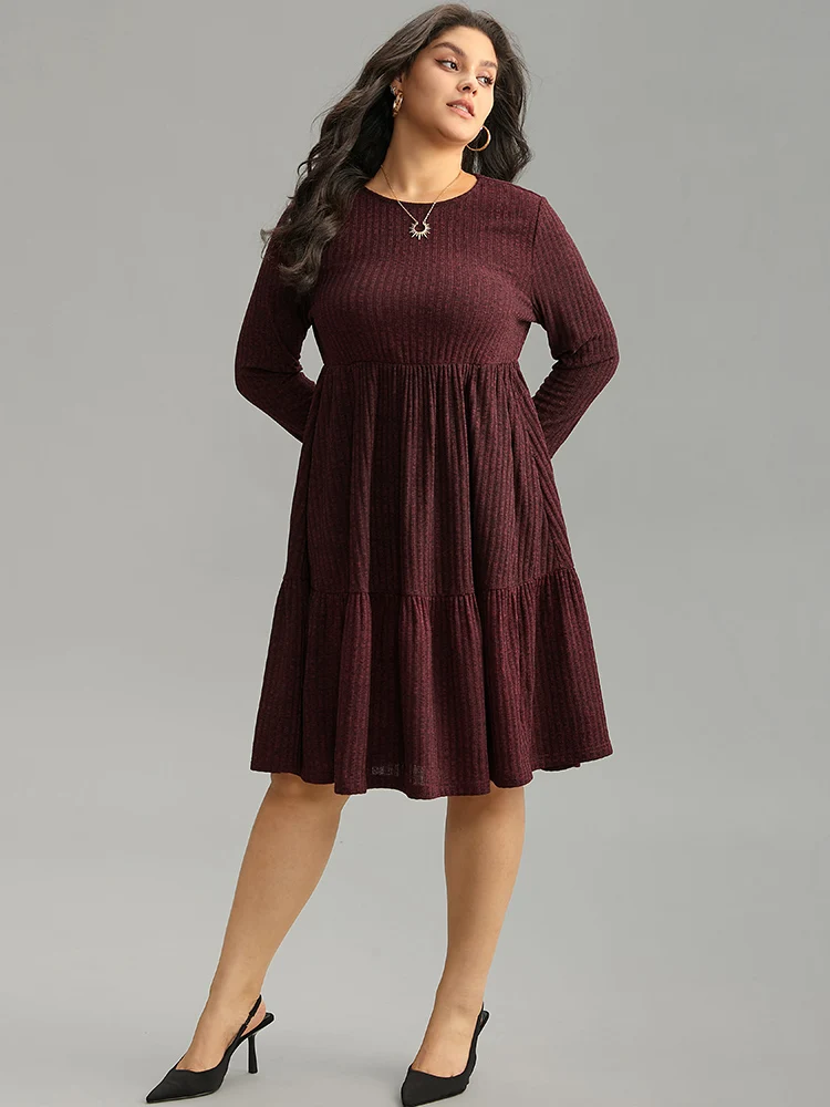 Rib Knit Round Neck Ruffle Layered Hem Dress