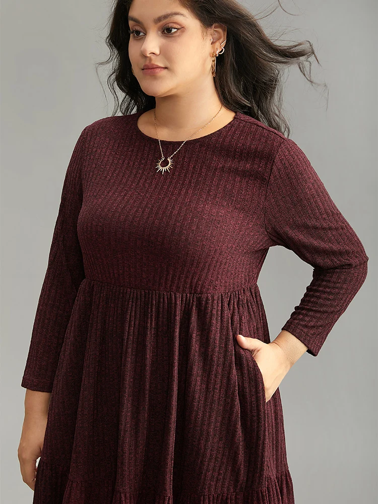 Rib Knit Round Neck Ruffle Layered Hem Dress