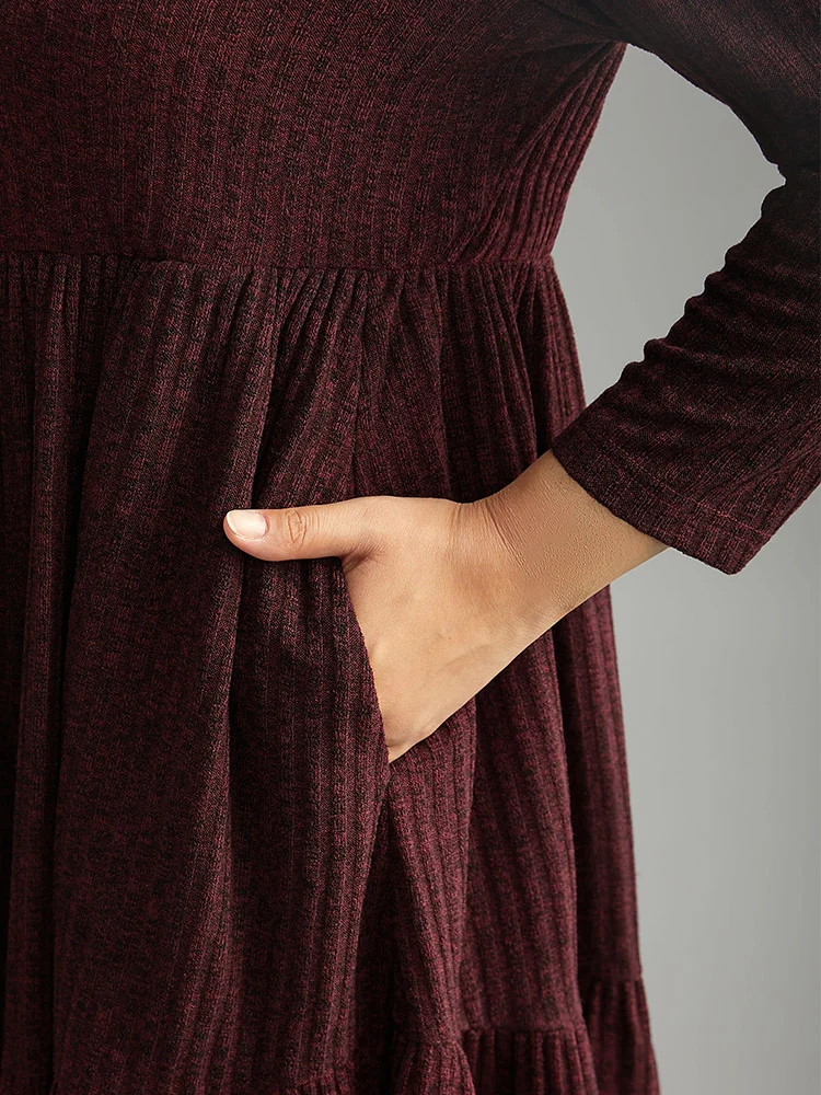 Rib Knit Round Neck Ruffle Layered Hem Dress