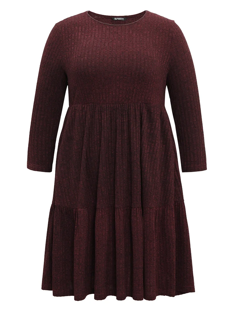 Rib Knit Round Neck Ruffle Layered Hem Dress