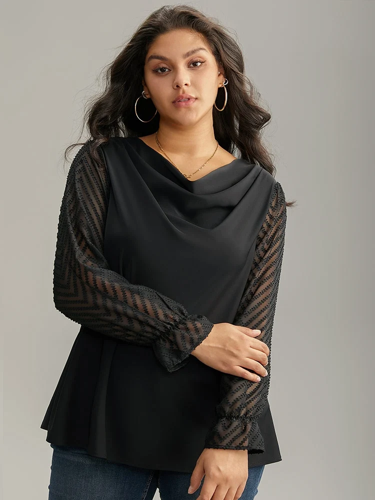 Patchwork Mesh Texture Cowl Neck Blouse