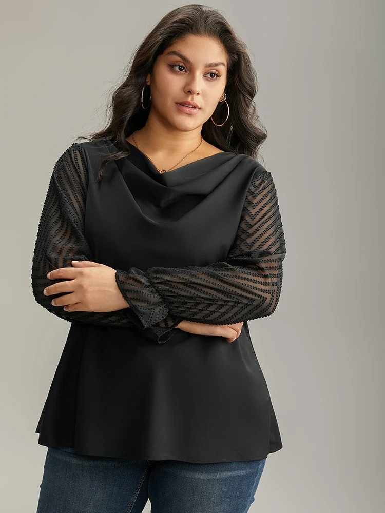 Patchwork Mesh Texture Cowl Neck Blouse