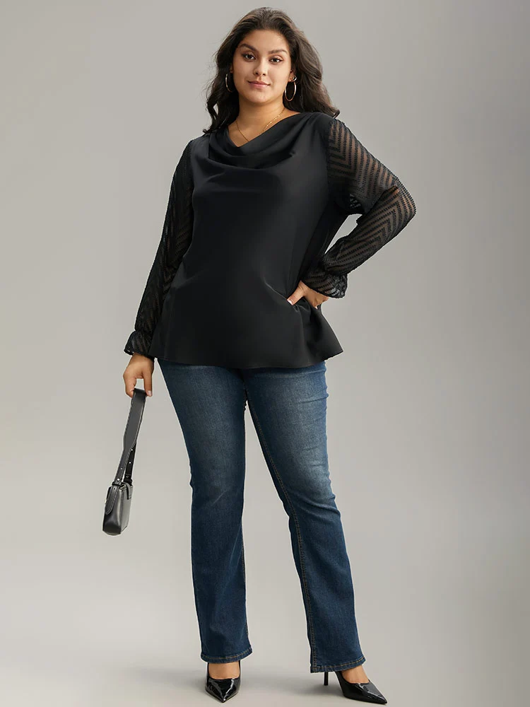 Patchwork Mesh Texture Cowl Neck Blouse