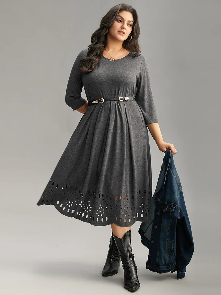 Plain Elastic Waist Laser Cut Crew Neck Dress