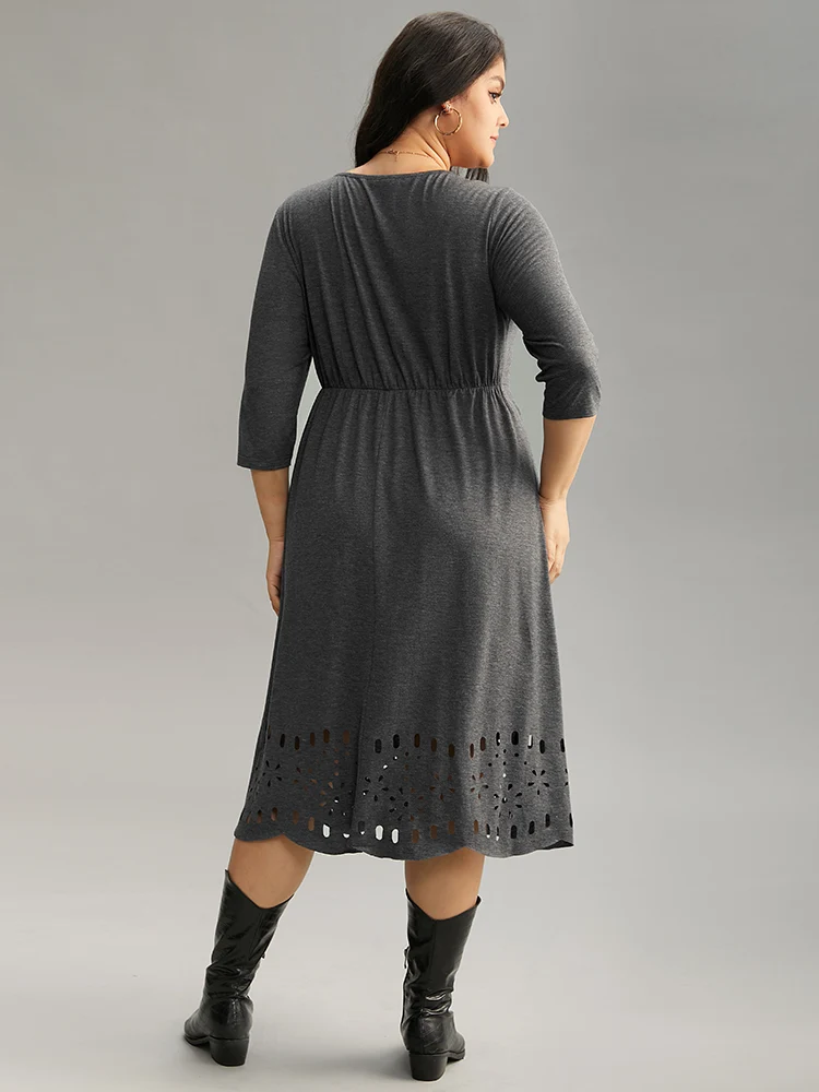 Plain Elastic Waist Laser Cut Crew Neck Dress
