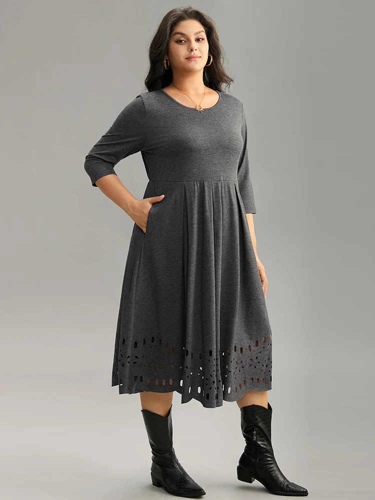 Plain Elastic Waist Laser Cut Crew Neck Dress