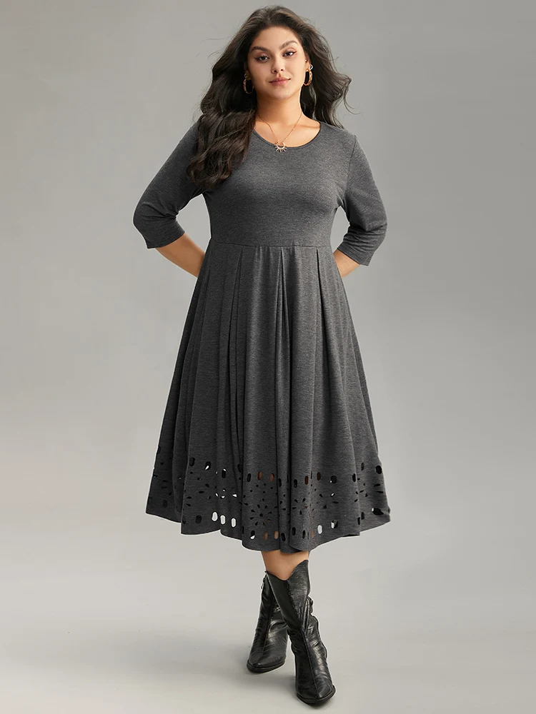 Plain Elastic Waist Laser Cut Crew Neck Dress