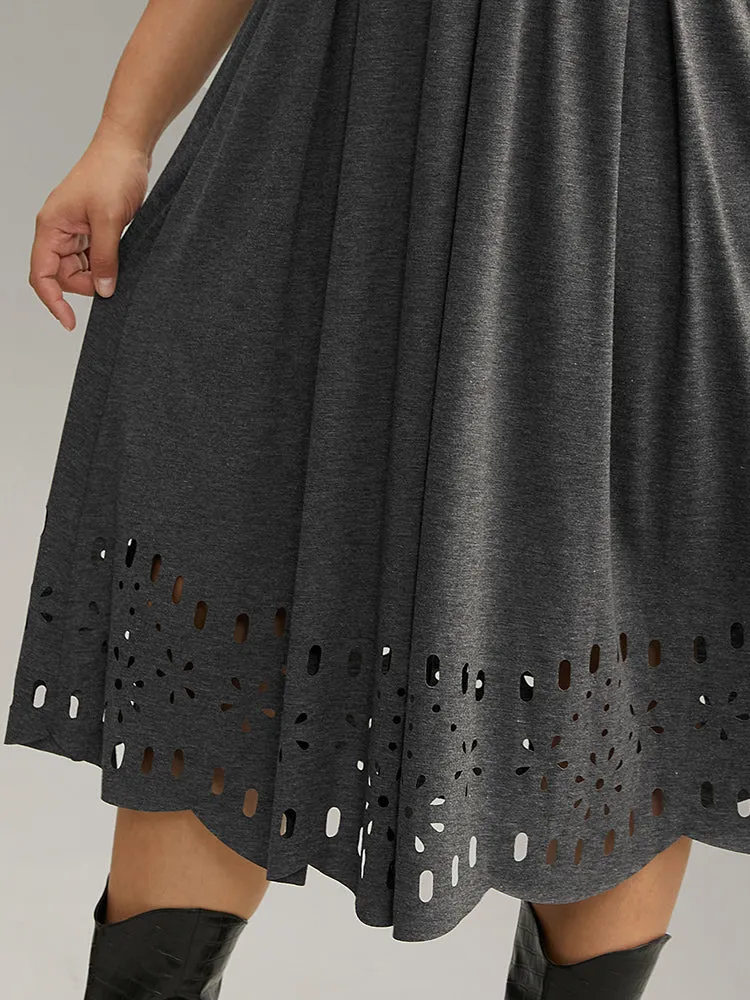 Plain Elastic Waist Laser Cut Crew Neck Dress