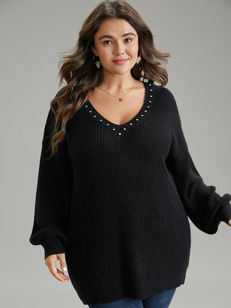 Rhinestone V Neck Drop Shoulder Pullover