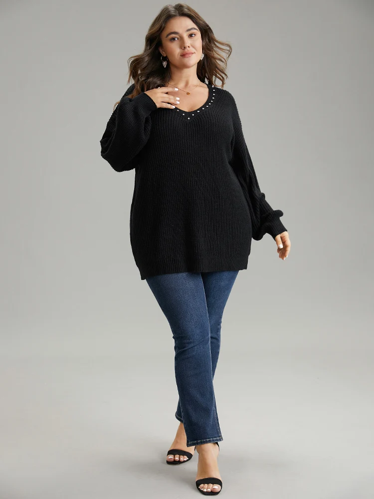 Rhinestone V Neck Drop Shoulder Pullover