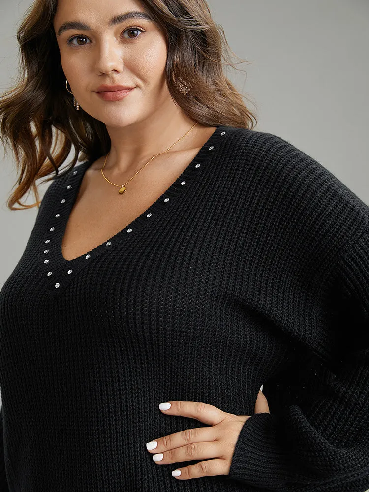 Rhinestone V Neck Drop Shoulder Pullover