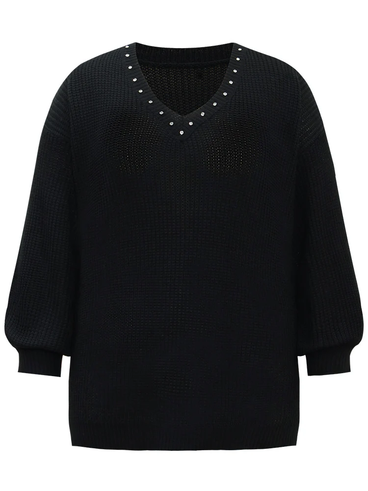 Rhinestone V Neck Drop Shoulder Pullover