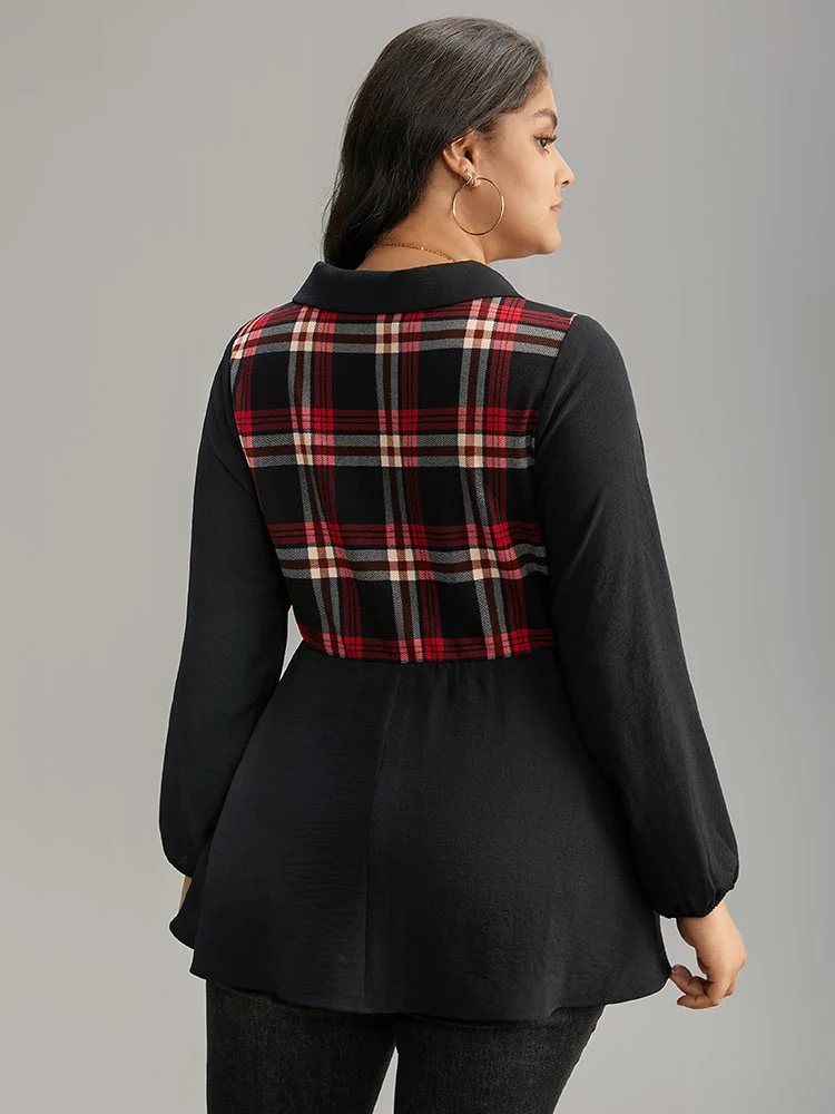 Plaid Patchwork Lapel Collar Lantern Sleeve Blouse