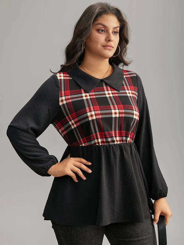 Plaid Patchwork Lapel Collar Lantern Sleeve Blouse
