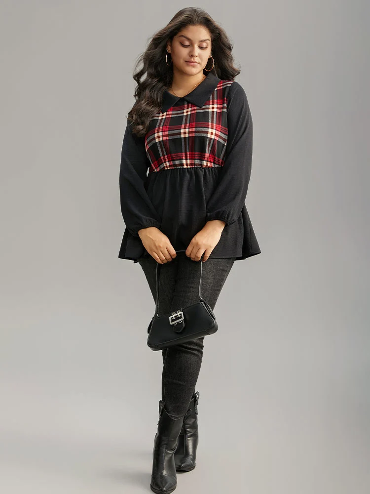 Plaid Patchwork Lapel Collar Lantern Sleeve Blouse