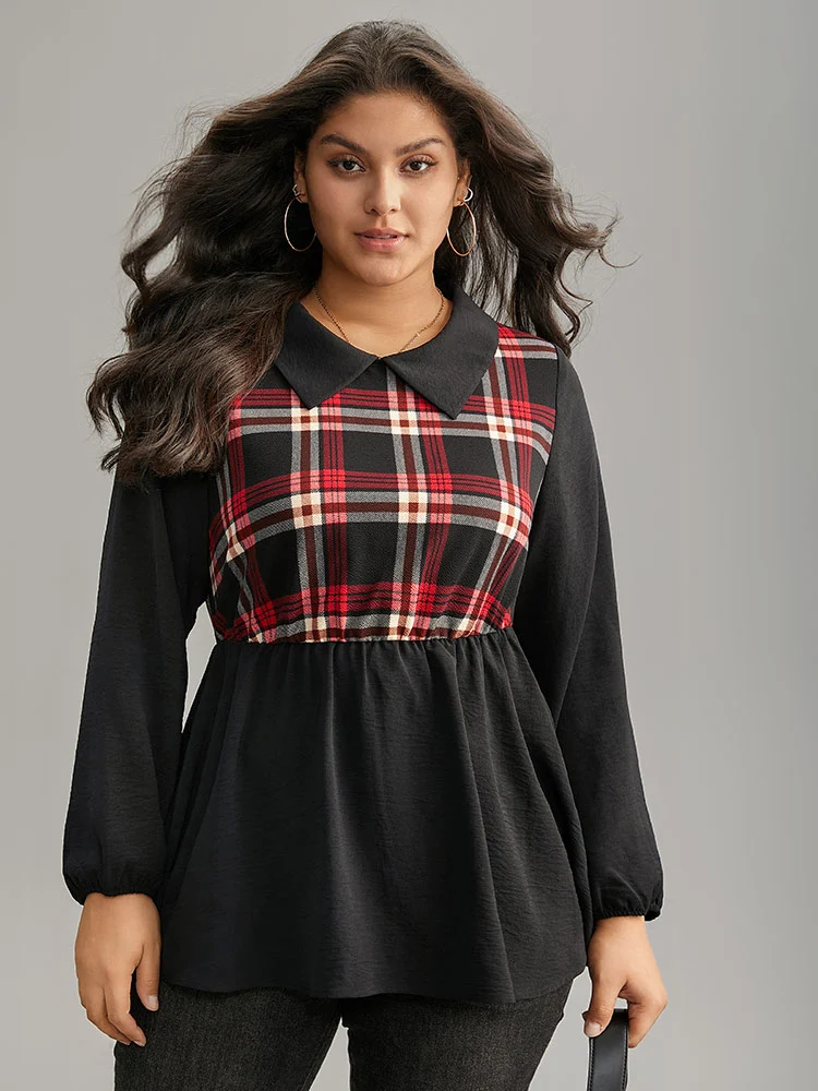 Plaid Patchwork Lapel Collar Lantern Sleeve Blouse