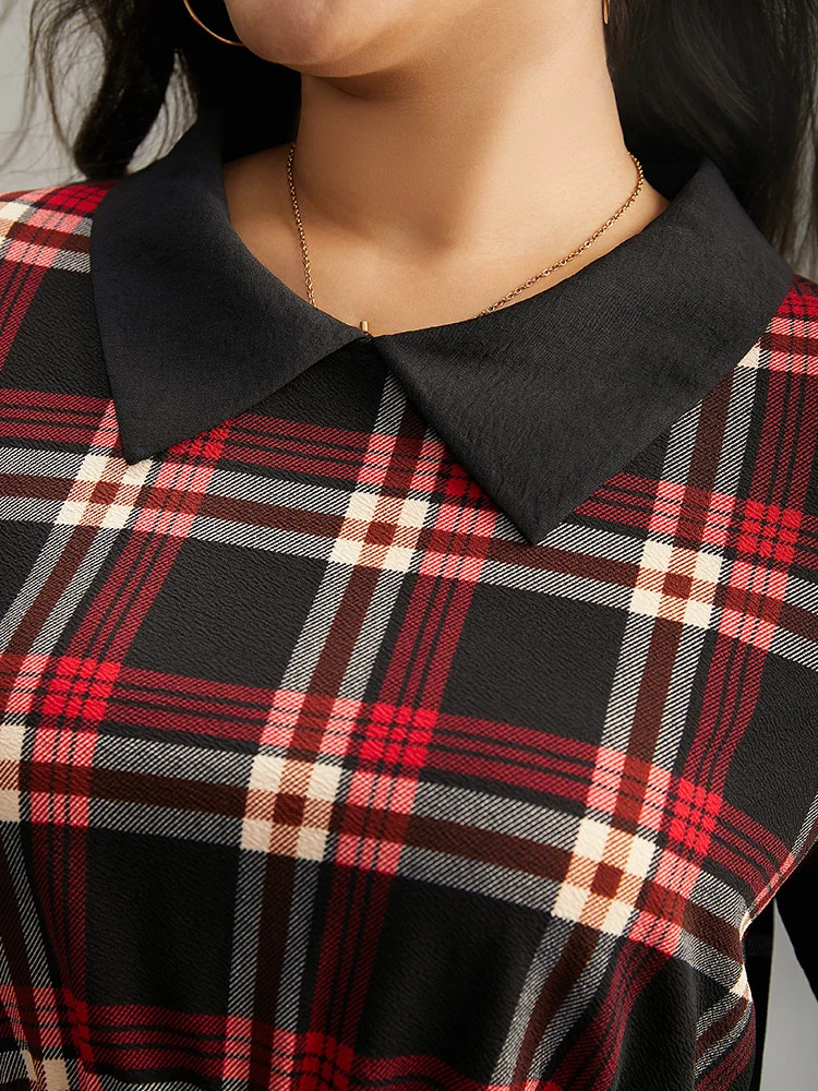 Plaid Patchwork Lapel Collar Lantern Sleeve Blouse