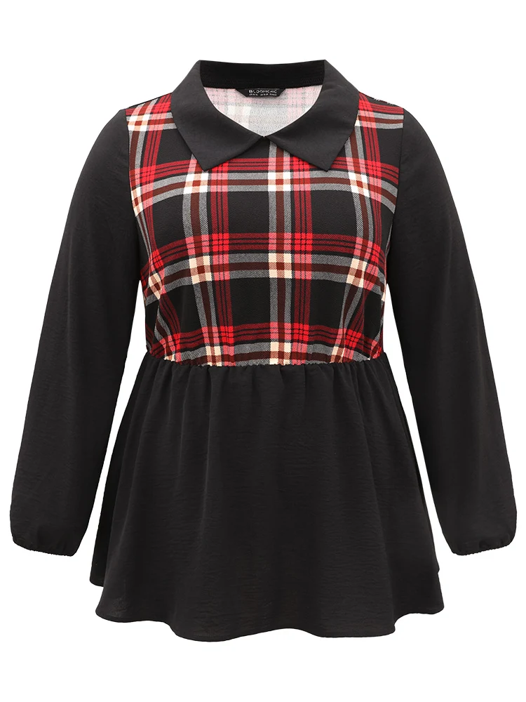 Plaid Patchwork Lapel Collar Lantern Sleeve Blouse