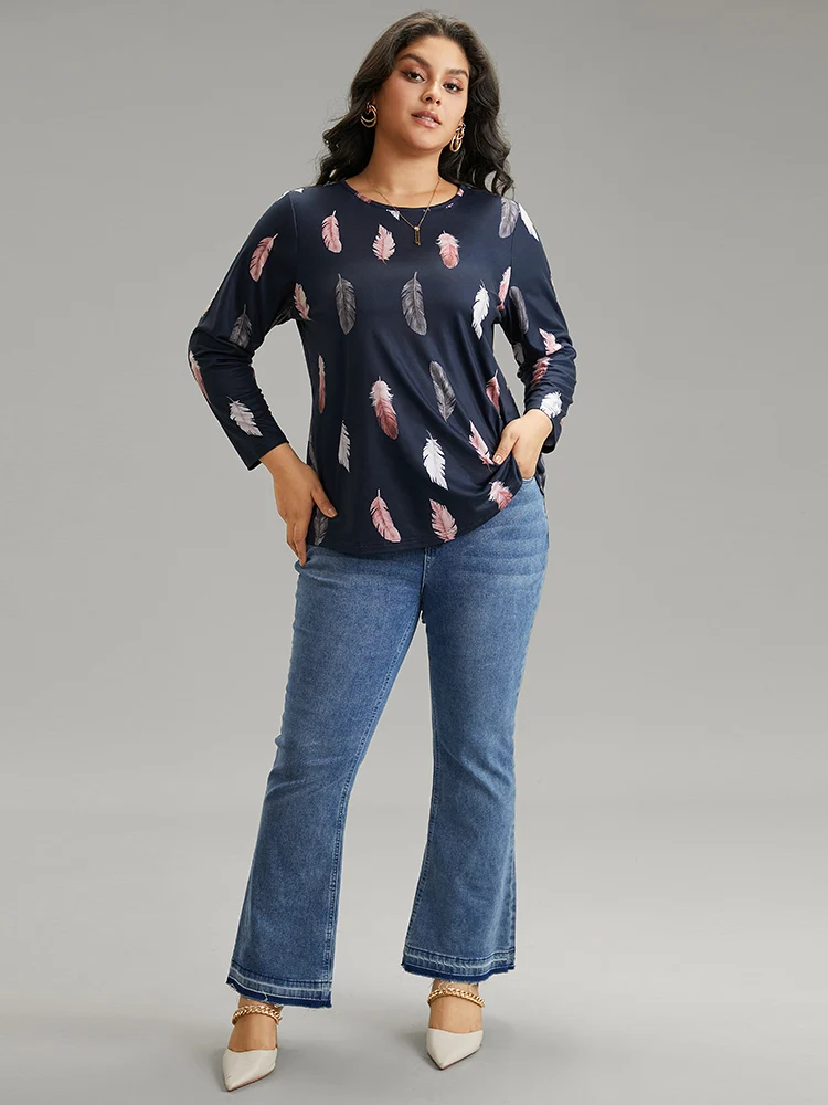 Crew Neck Feather Print T-shirt