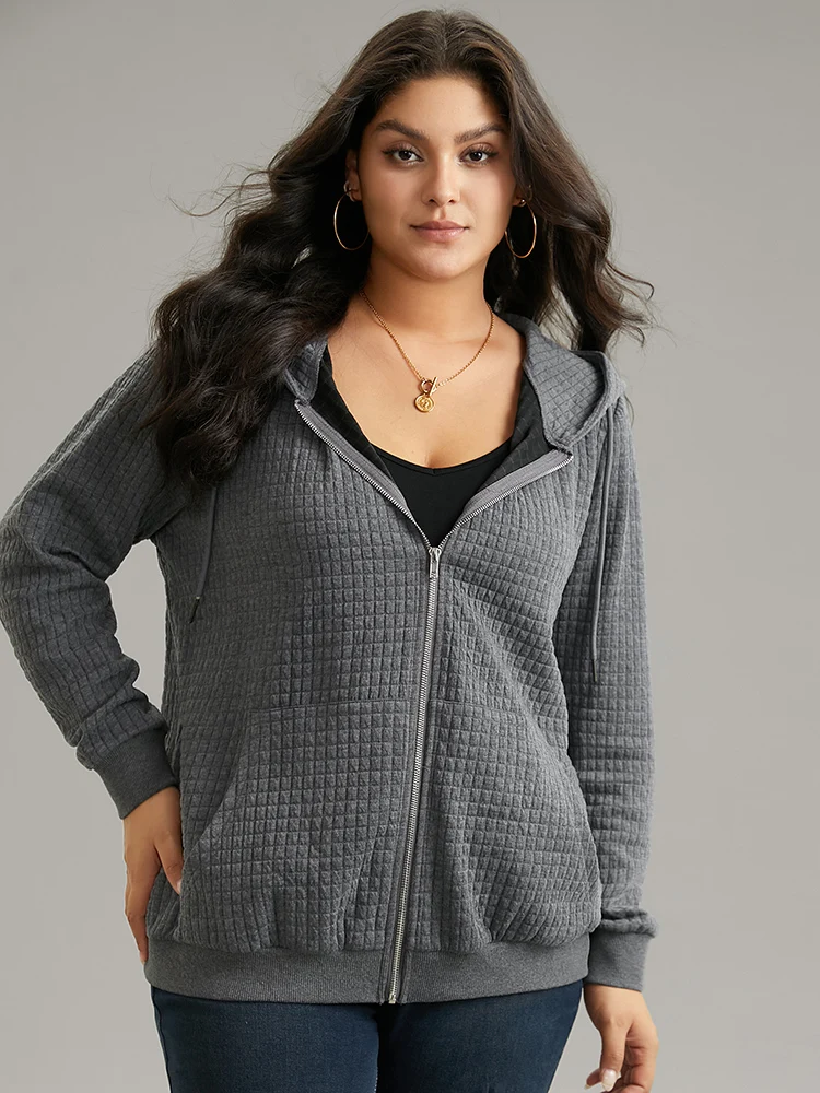 Plain Zipper Drawstring Jacquard Jacket